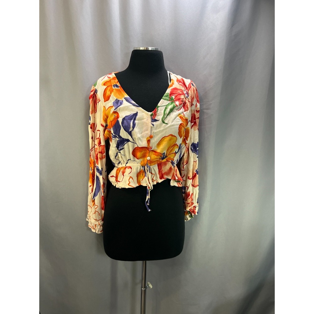 Sadie & Sage Cropped Blouse Top Womens Medium Multicolor Rayon Floral Ruffle Hem